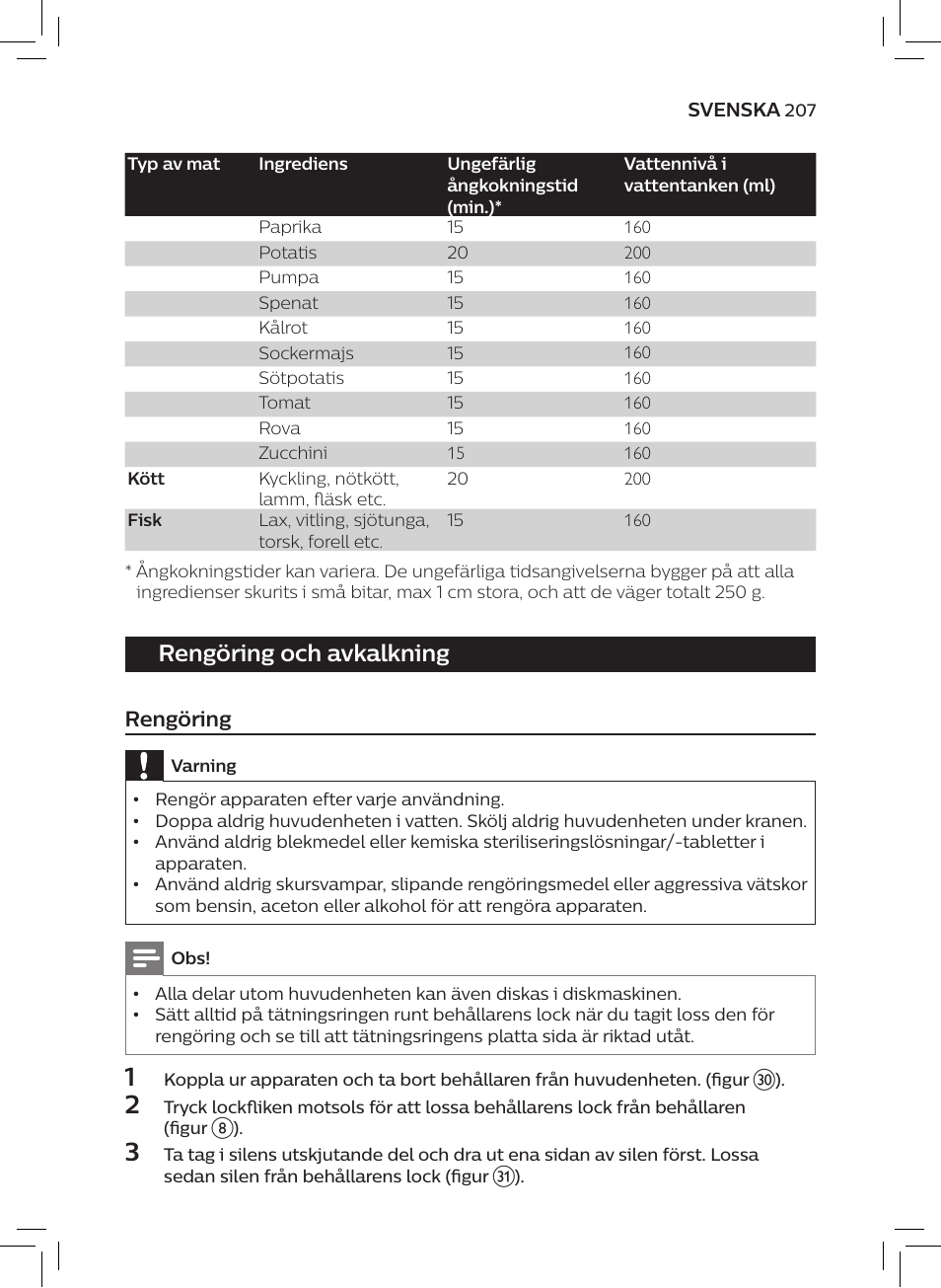 Rengöring och avkalkning, Rengöring | Philips AVENT SCF875/01 User Manual | Page 209 / 218