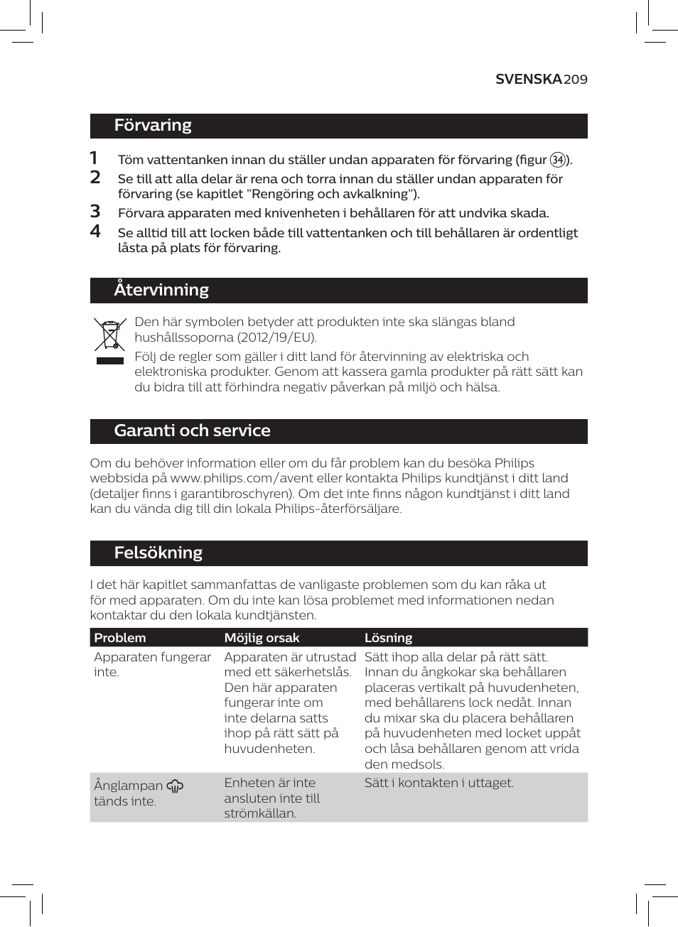 Förvaring, Återvinning, Garanti och service | Felsökning | Philips AVENT SCF875/01 User Manual | Page 211 / 218