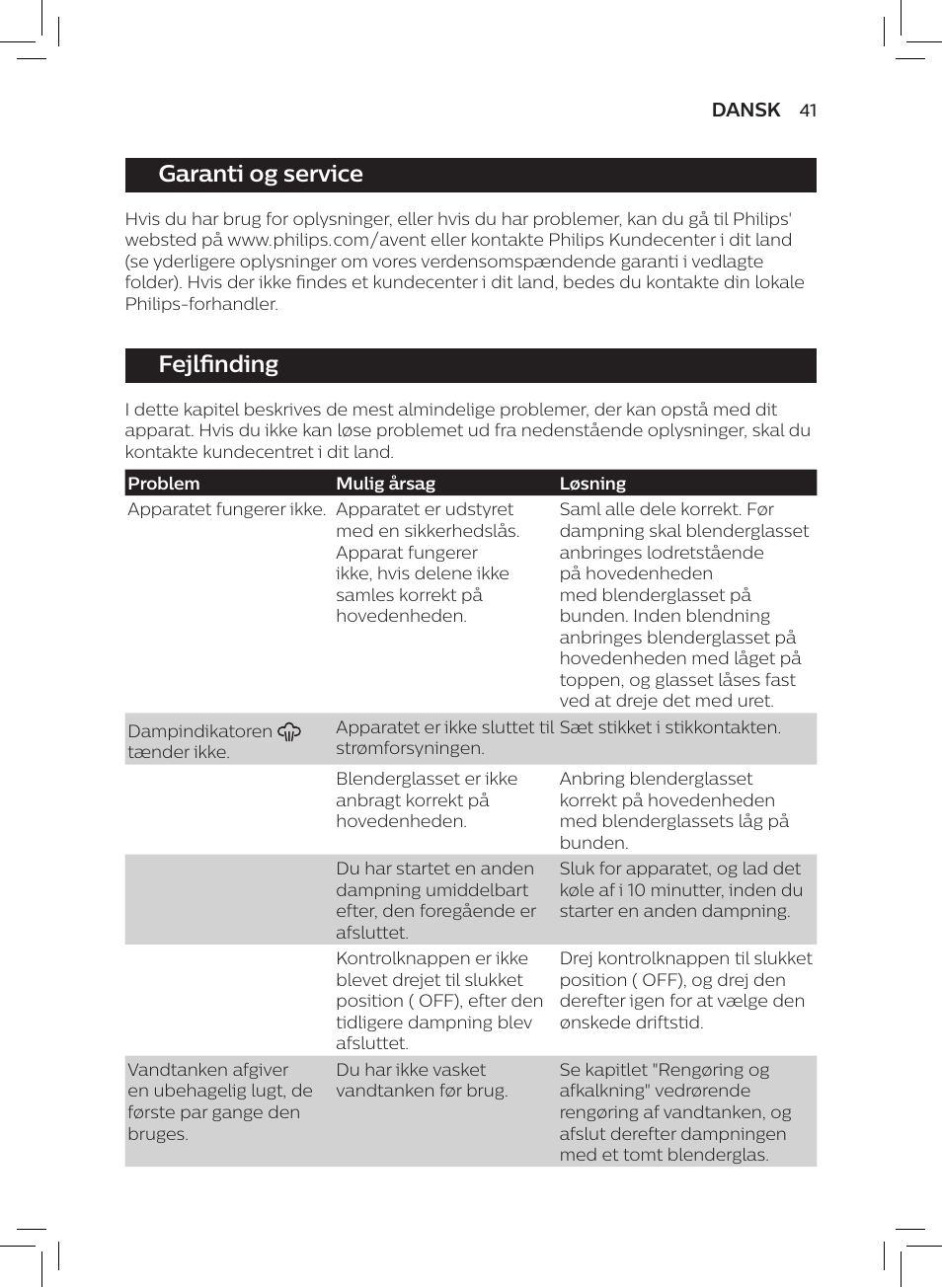 Garanti og service, Fejlfinding | Philips AVENT SCF875/01 User Manual | Page 43 / 218