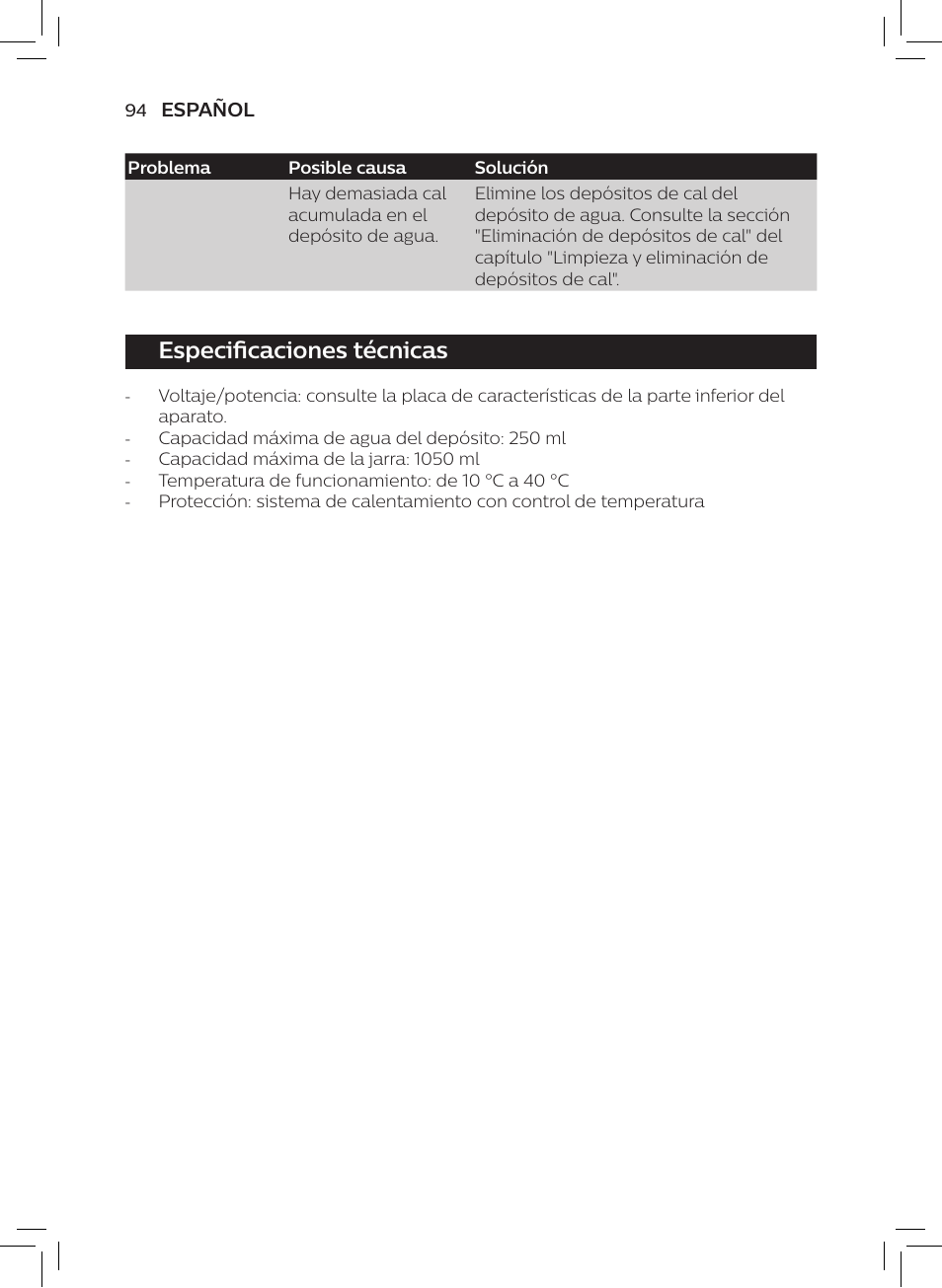 Especificaciones técnicas | Philips AVENT SCF875/01 User Manual | Page 96 / 218