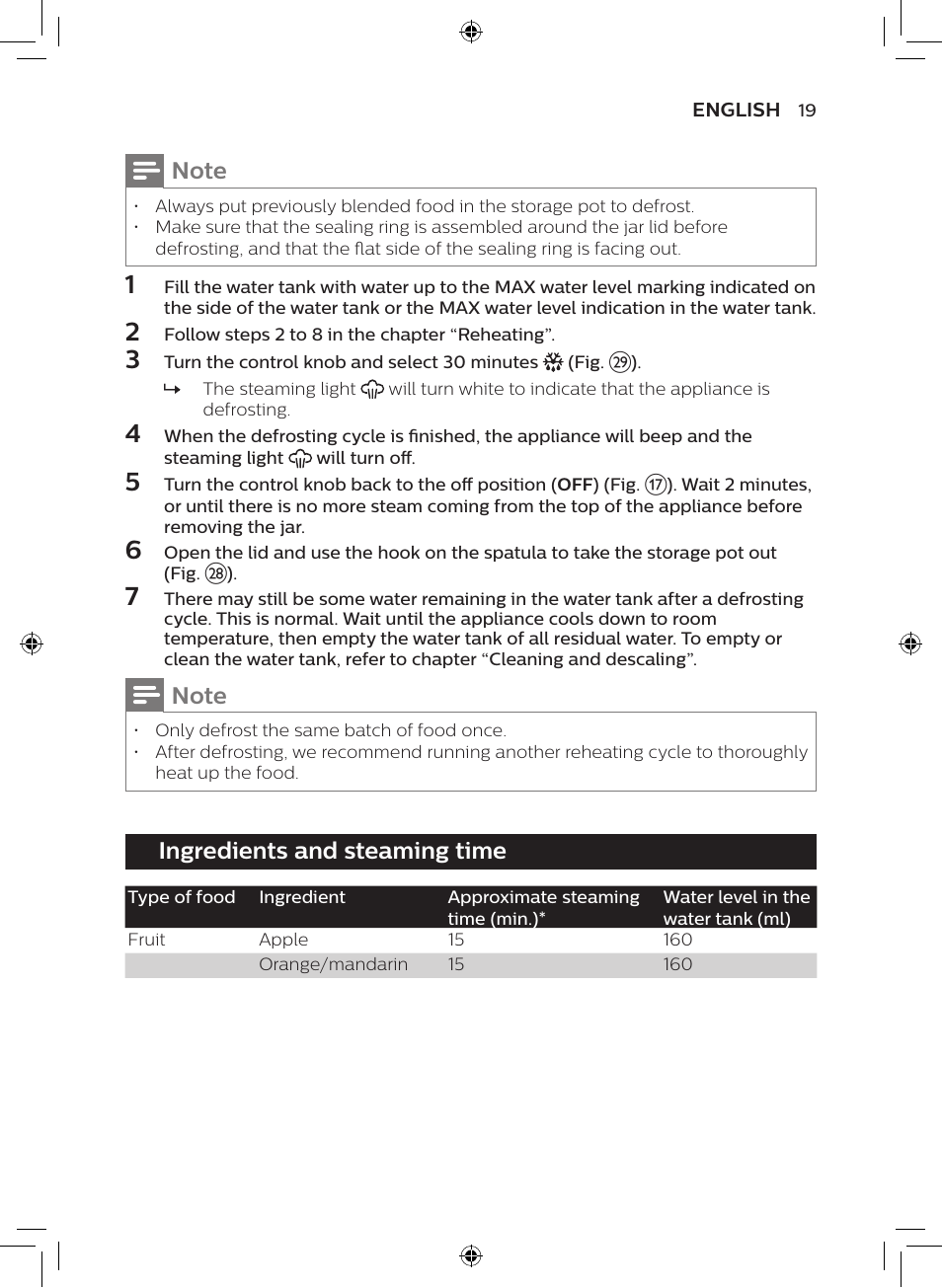 Ingredients and steaming time | Philips AVENT SCF875/01 User Manual | Page 17 / 50