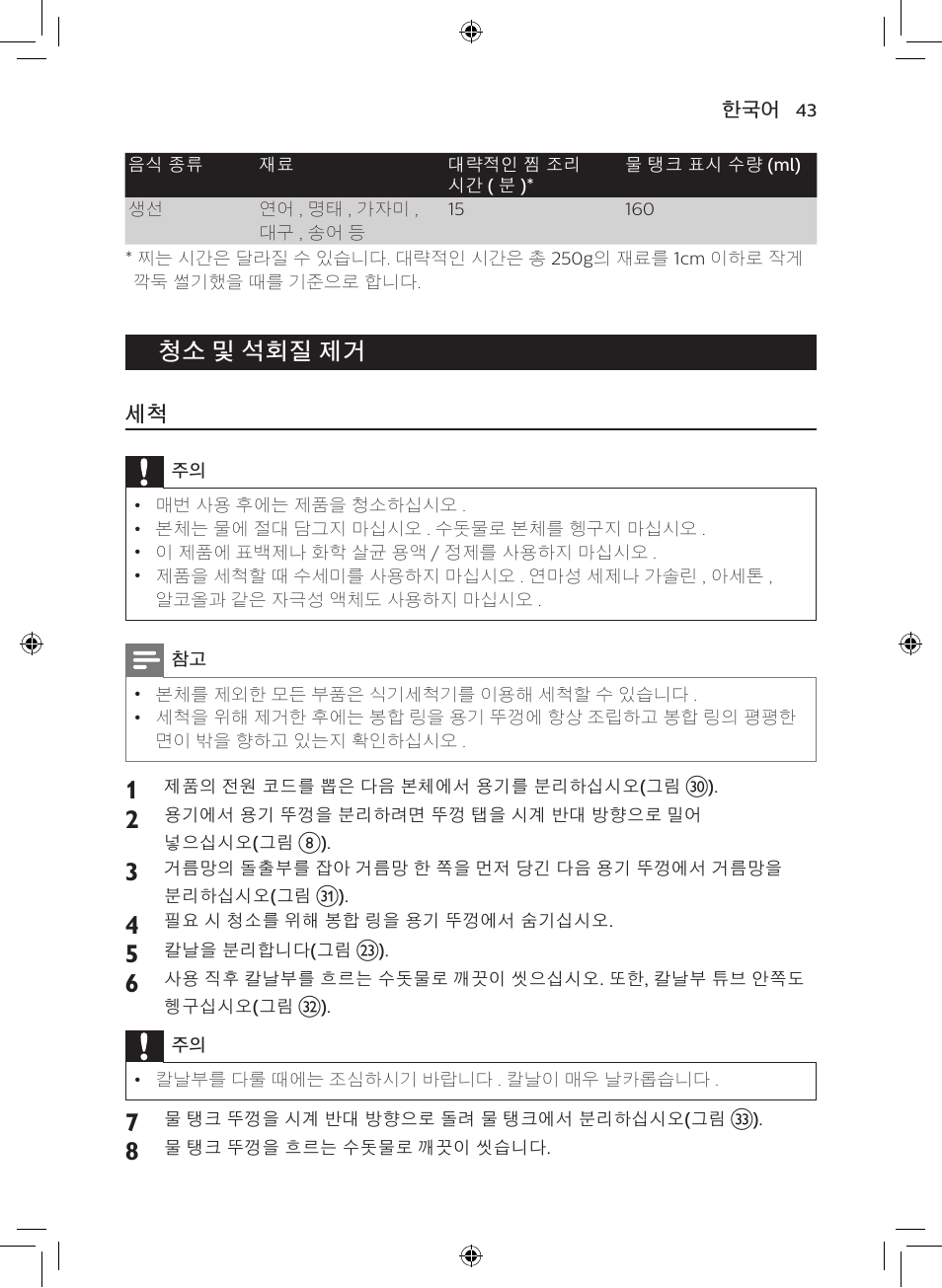 청소 및 석회질 제거 | Philips AVENT SCF875/01 User Manual | Page 41 / 50