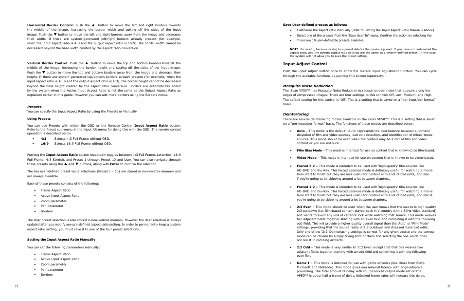 Input adjust control | DVDO VP50 User Manual | Page 15 / 26