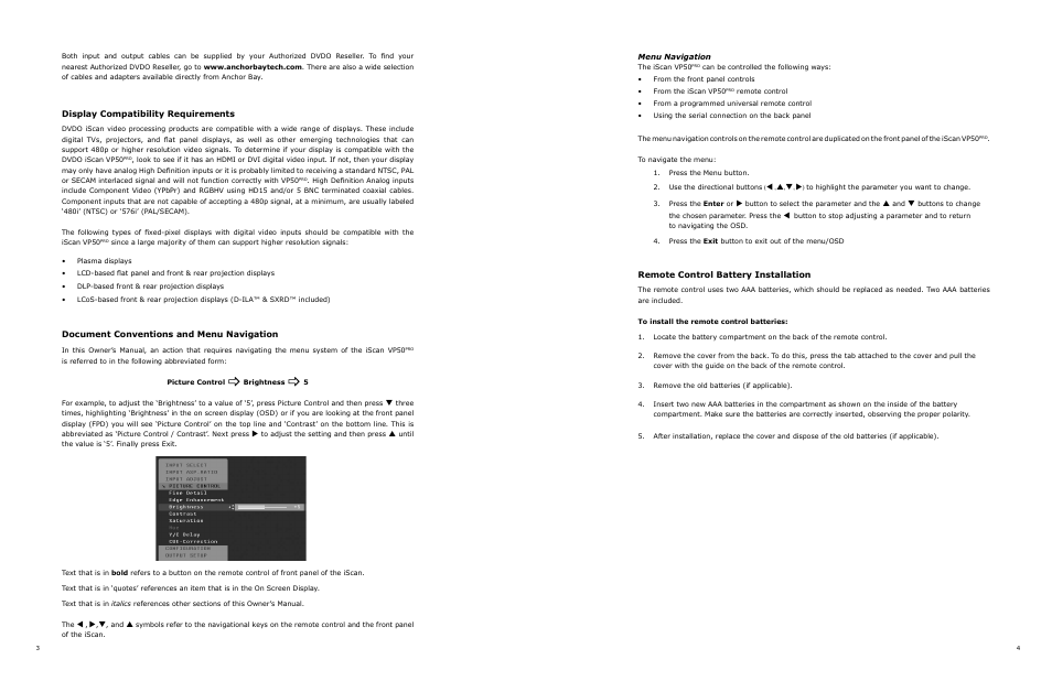 Display compatibility requirements, Document conventions and menu navigation, Remote control battery installation | DVDO VP50 User Manual | Page 6 / 26