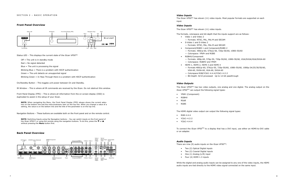 Front panel overview, Back panel overview, Video inputs | Video outputs, Audio inputs, The iscan vp50, There are nine (9) audio inputs on the iscan vp50 | DVDO VP50 User Manual | Page 8 / 26
