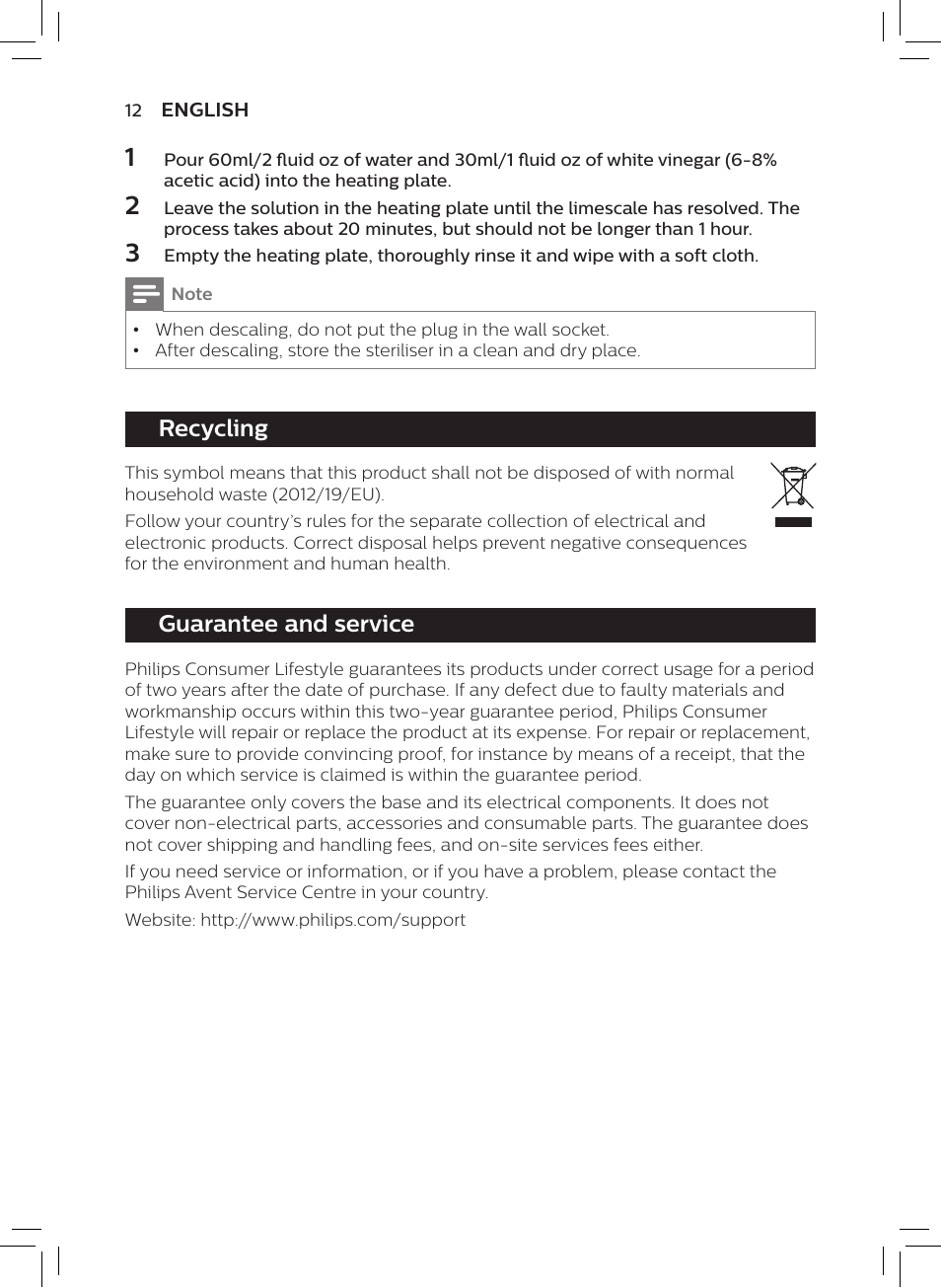 Recycling, Guarantee and service | Philips AVENT SCF922 User Manual | Page 10 / 70
