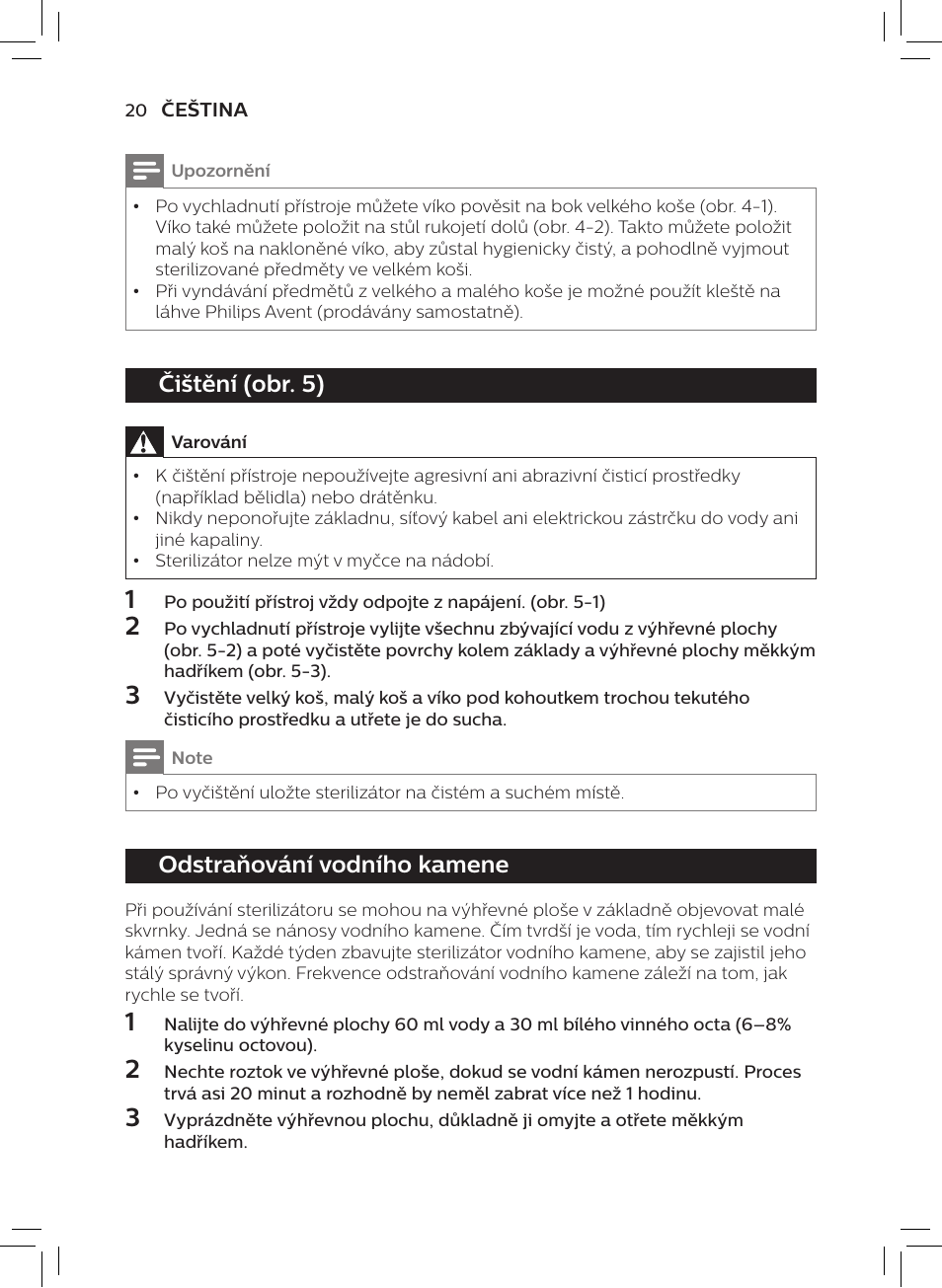 Čištění (obr. 5), Odstraňování vodního kamene | Philips AVENT SCF922 User Manual | Page 18 / 70