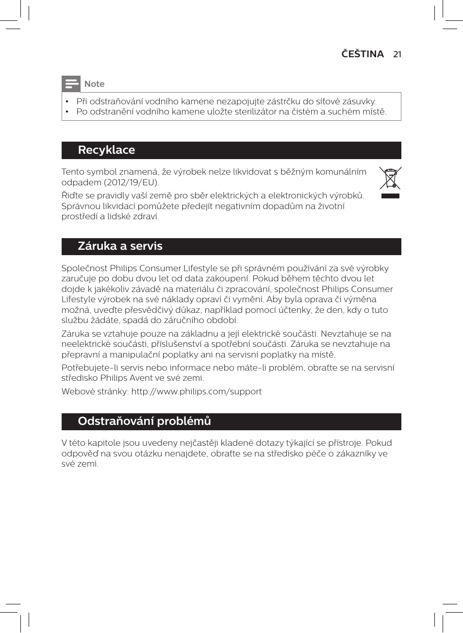 Recyklace, Záruka a servis, Odstraňování problémů | Philips AVENT SCF922 User Manual | Page 19 / 70