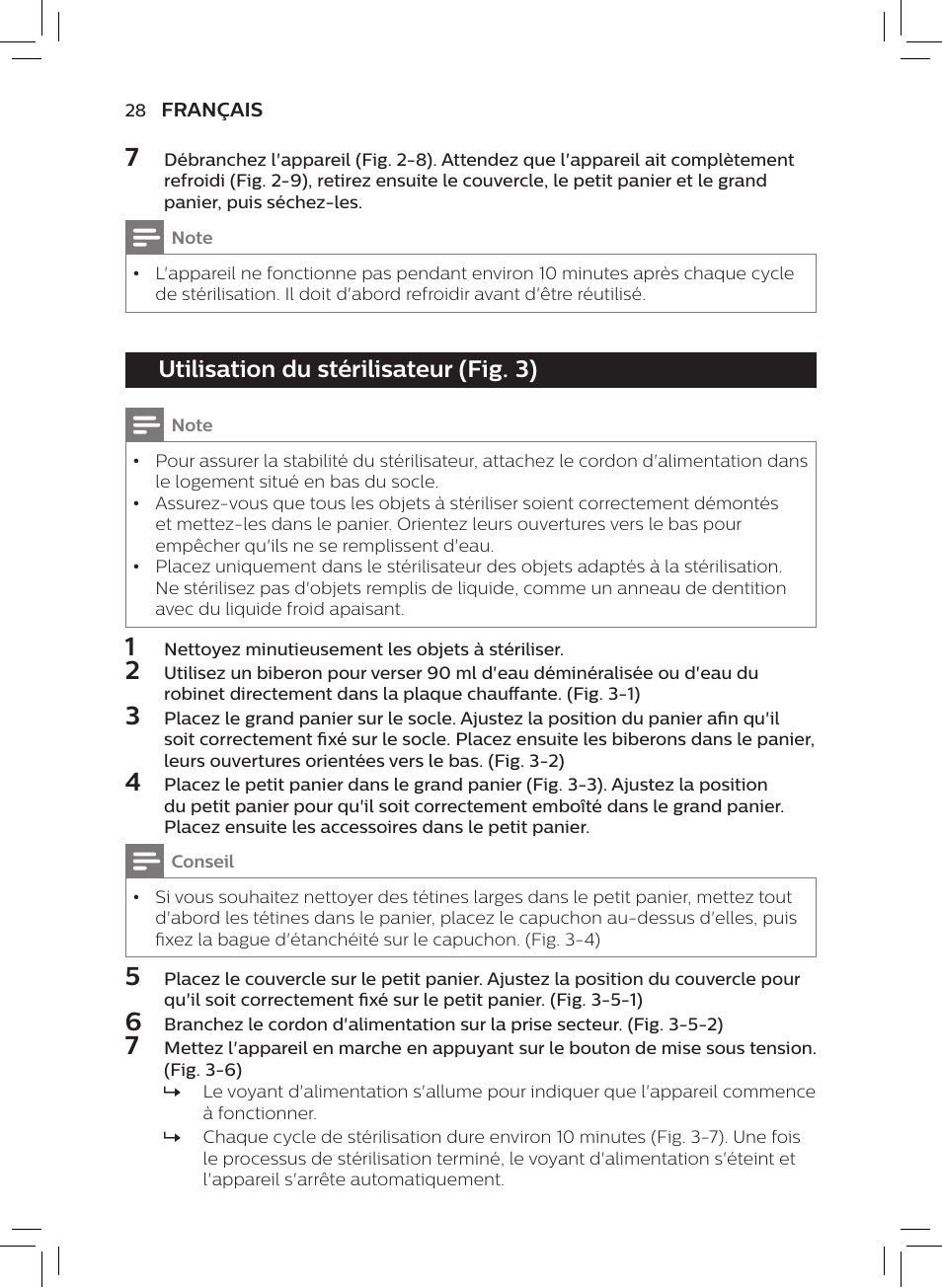 Utilisation du stérilisateur (fig. 3) | Philips AVENT SCF922 User Manual | Page 26 / 70