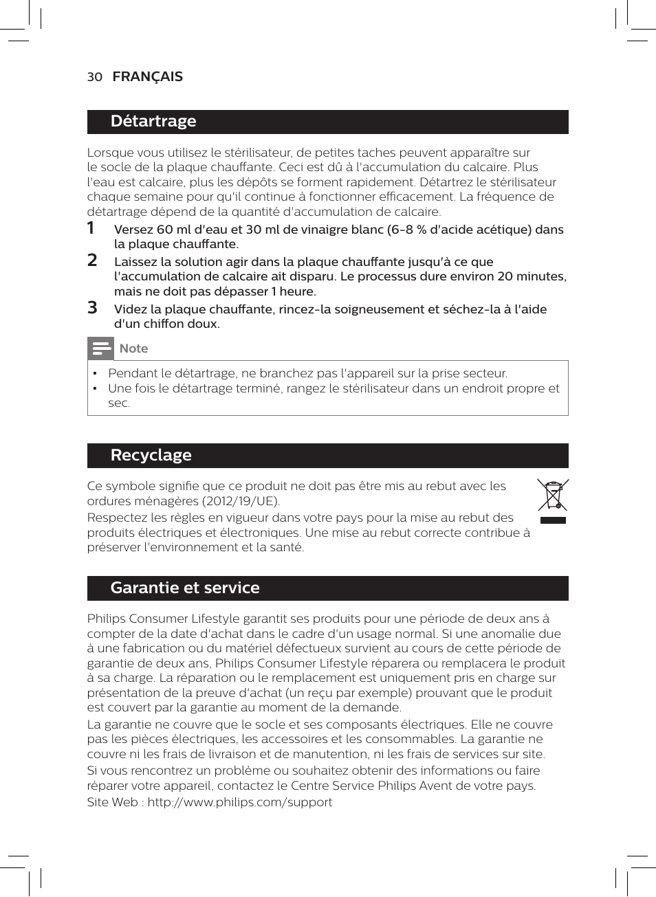 Détartrage, Recyclage, Garantie et service | Philips AVENT SCF922 User Manual | Page 28 / 70