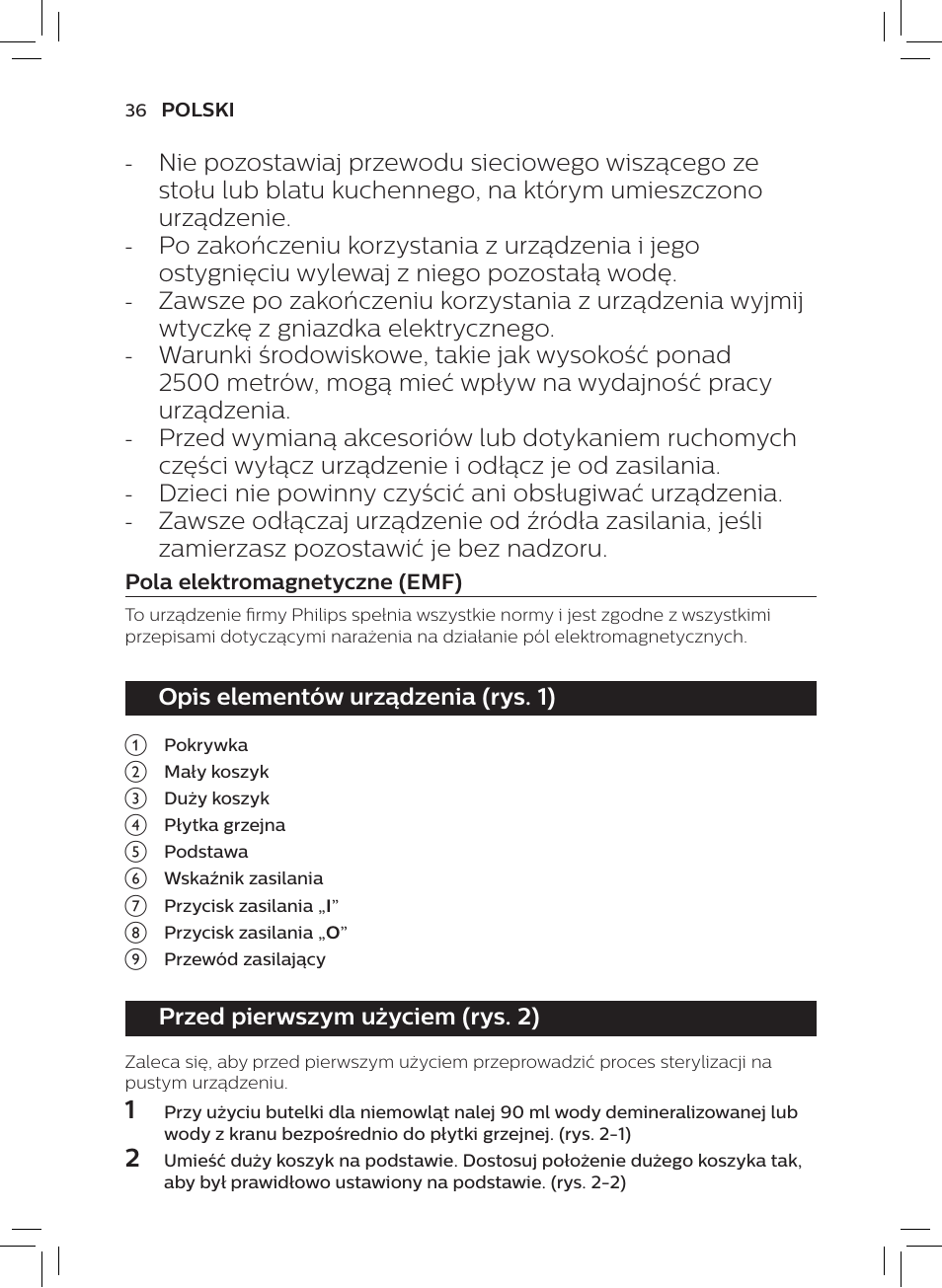Opis elementów urządzenia (rys. 1), Przed pierwszym użyciem (rys. 2) | Philips AVENT SCF922 User Manual | Page 34 / 70