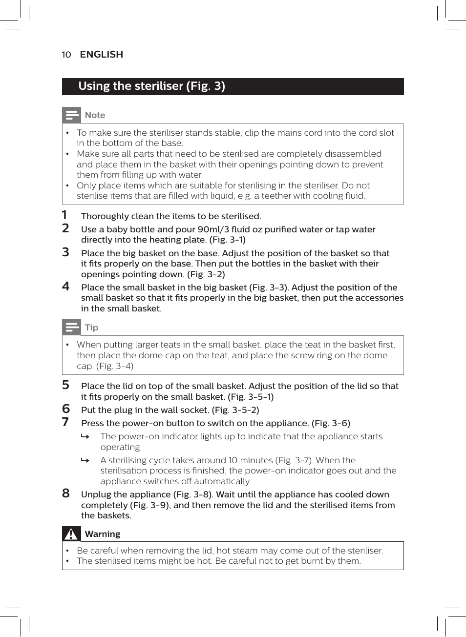 Using the steriliser (fig. 3) | Philips AVENT SCF922 User Manual | Page 8 / 70