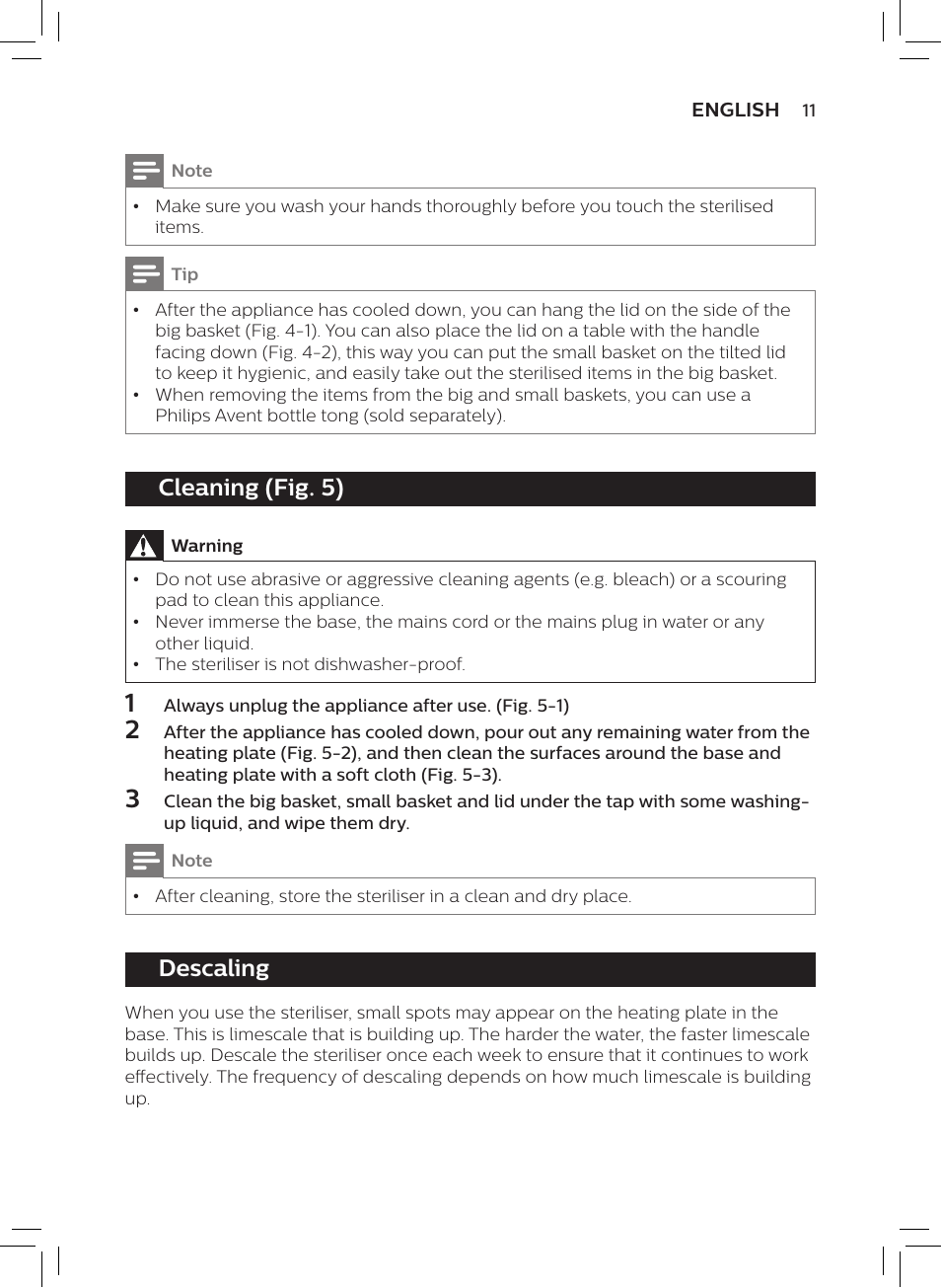 Cleaning (fig. 5), Descaling | Philips AVENT SCF922 User Manual | Page 9 / 70