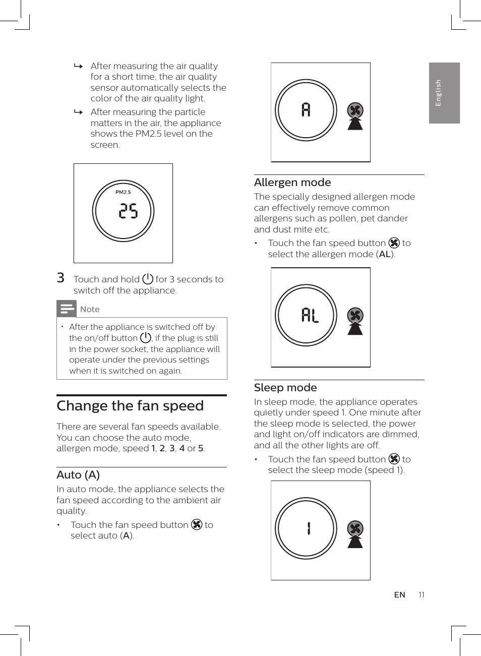 Change the fan speed, Auto (a), Allergen mode | Sleep mode | Philips AC3256/30 User Manual | Page 11 / 84