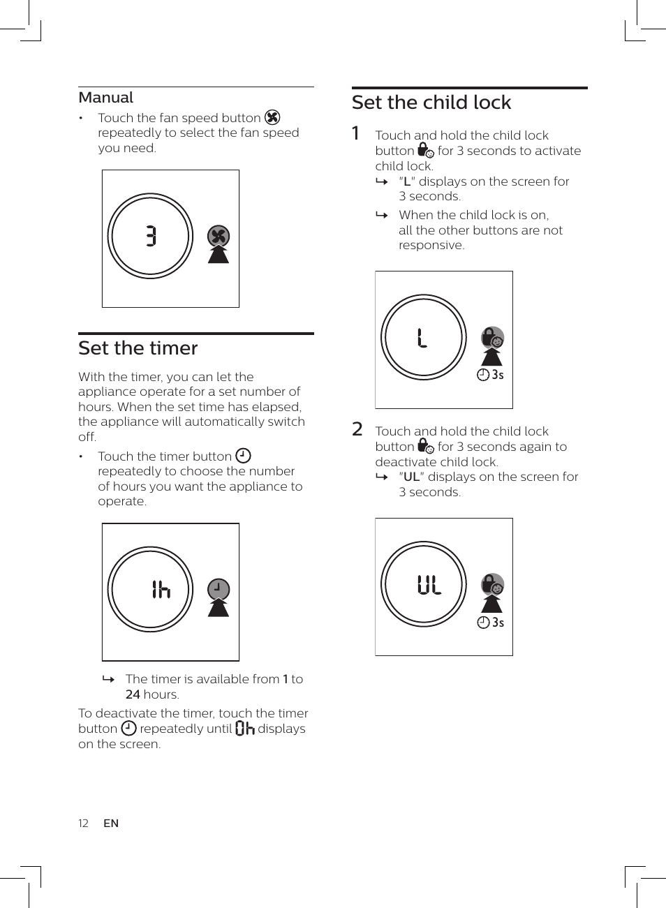 Set the child lock 1, Set the timer | Philips AC3256/30 User Manual | Page 12 / 84