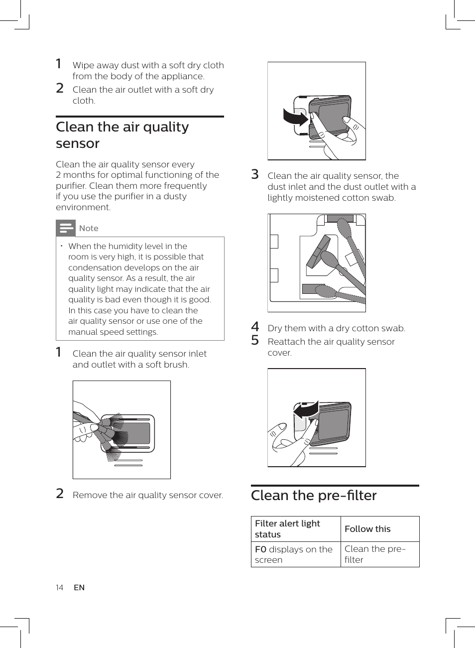 Clean the pre-filter, Clean the air quality sensor | Philips AC3256/30 User Manual | Page 14 / 84