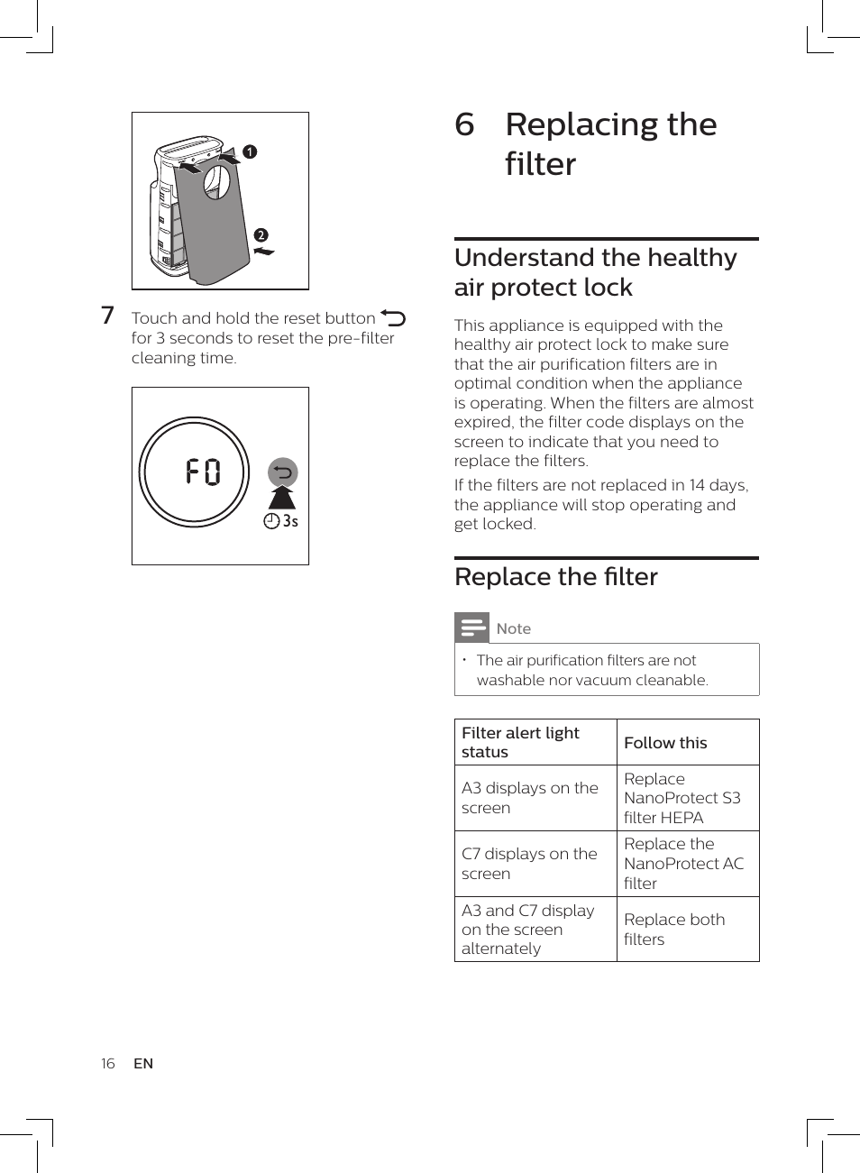 6 replacing the filter, Understand the healthy air protect lock, Replace the filter | Philips AC3256/30 User Manual | Page 16 / 84