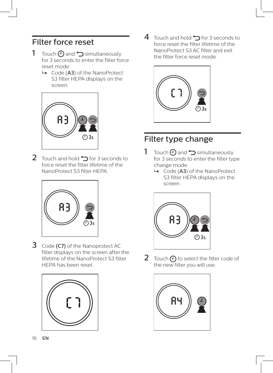 Filter type change 1, Filter force reset 1 | Philips AC3256/30 User Manual | Page 18 / 84