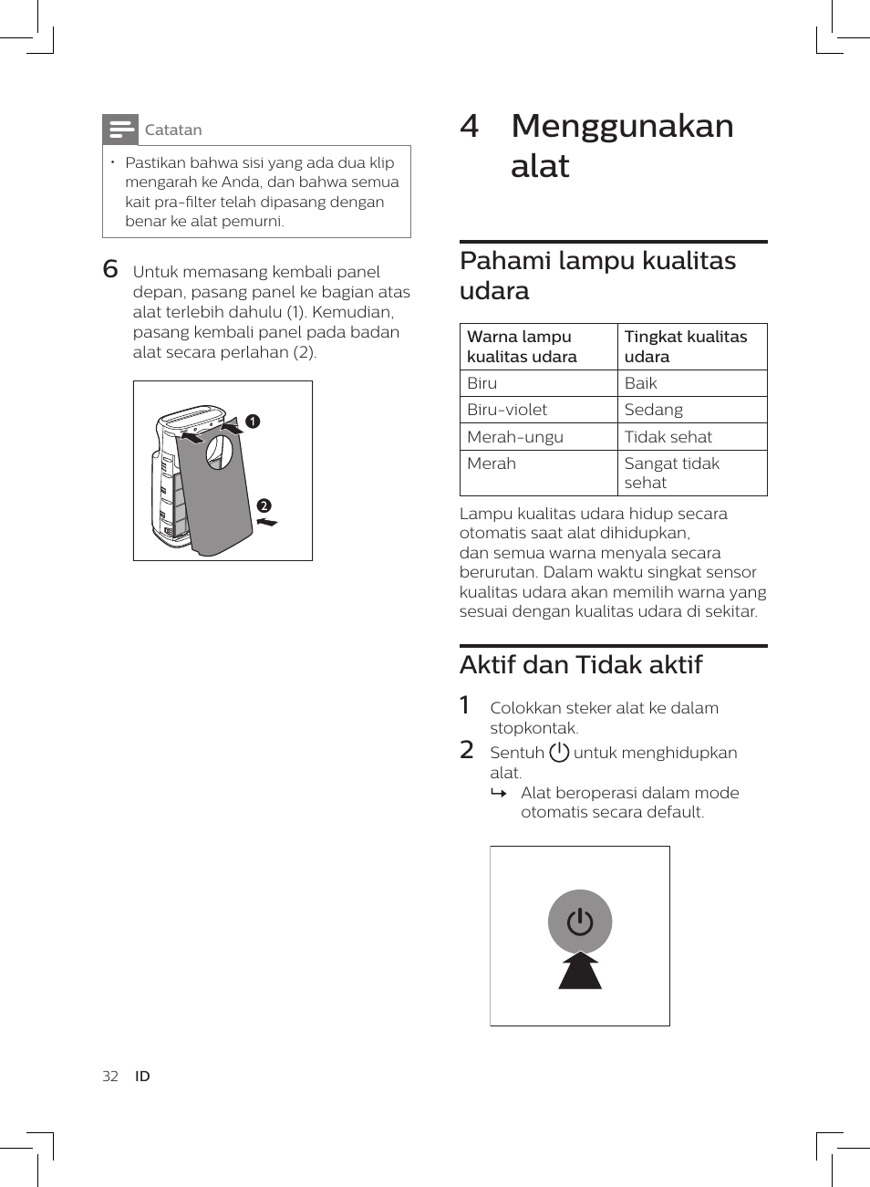 4 menggunakan alat, Pahami lampu kualitas udara, Aktif dan tidak aktif 1 | Philips AC3256/30 User Manual | Page 32 / 84