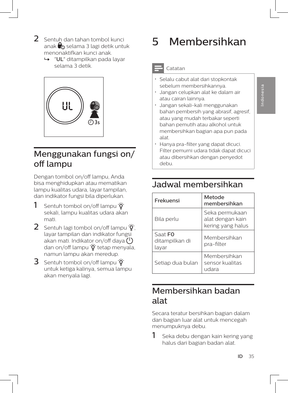 5 membersihkan, Jadwal membersihkan, Membersihkan badan alat | Menggunakan fungsi on/ off lampu | Philips AC3256/30 User Manual | Page 35 / 84