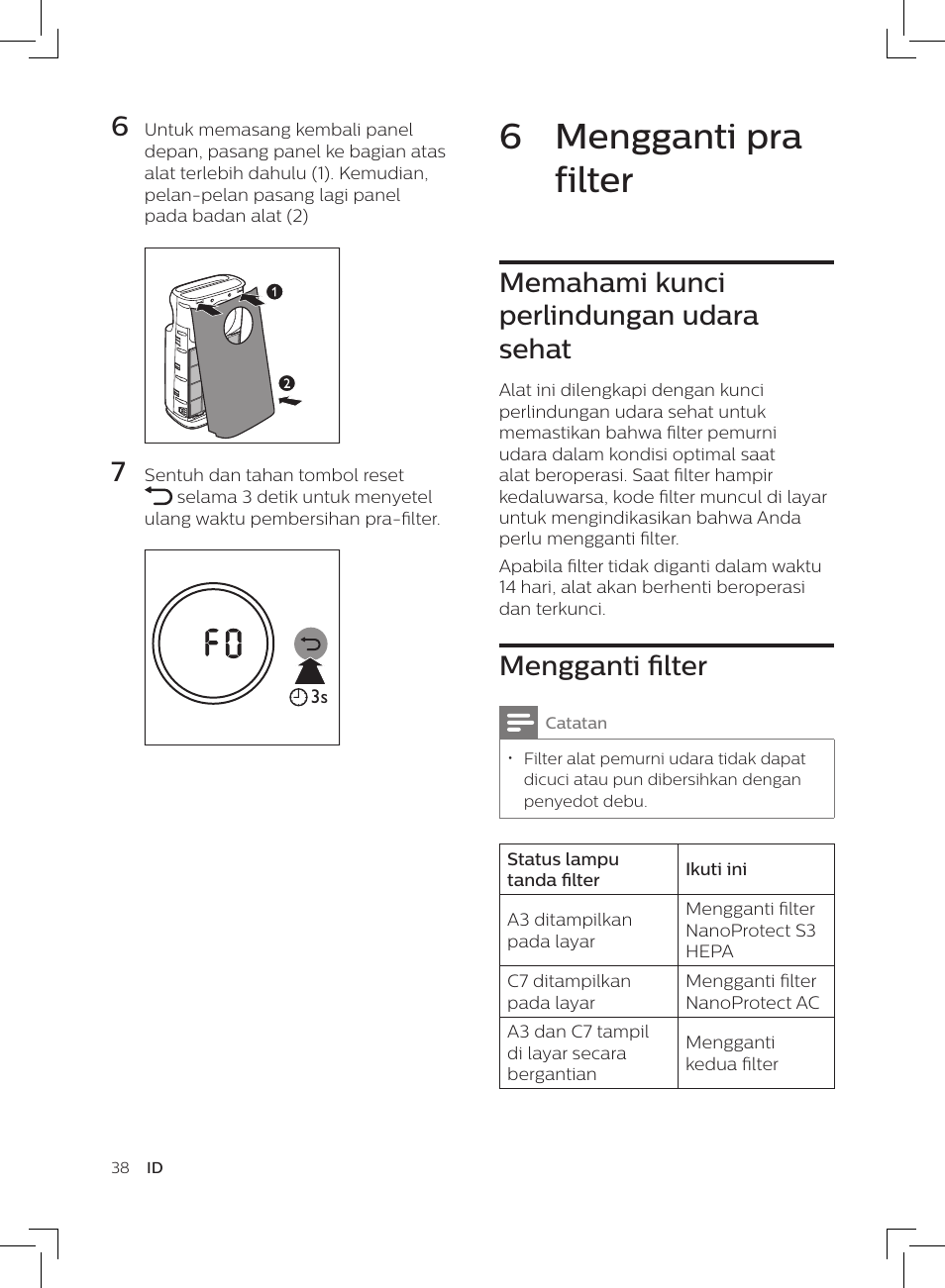 6 mengganti pra filter, Memahami kunci perlindungan udara sehat, Mengganti filter | Philips AC3256/30 User Manual | Page 38 / 84