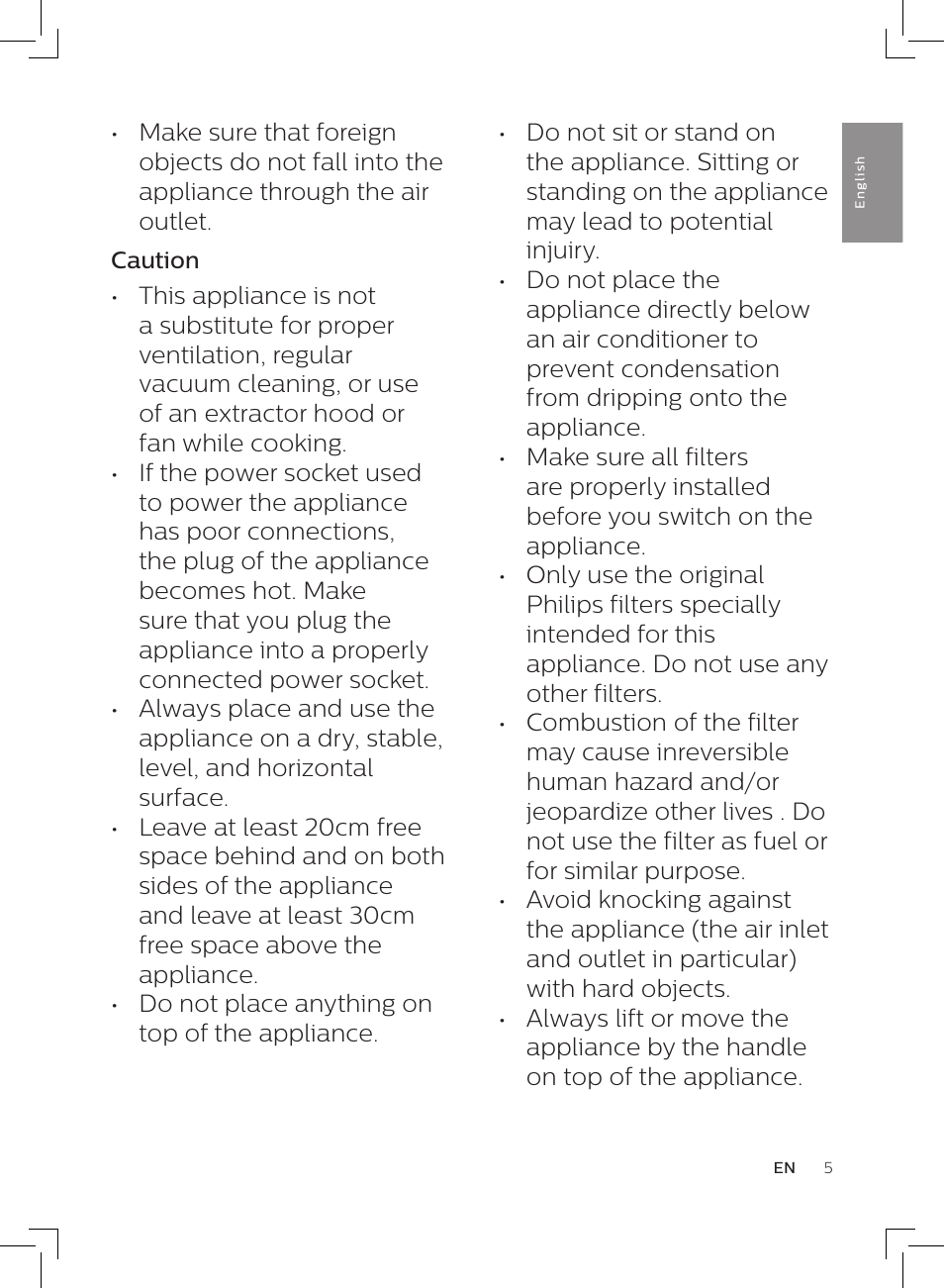 Do not place anything on top of the appliance, Caution | Philips AC3256/30 User Manual | Page 5 / 84