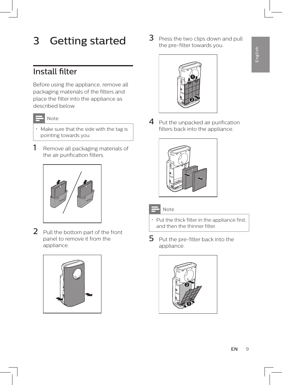3 getting started, Install filter | Philips AC3256/30 User Manual | Page 9 / 84