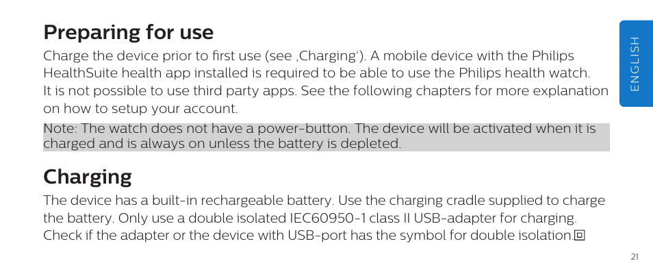 Preparing for use, Charging | Philips DL8790/10 User Manual | Page 21 / 92