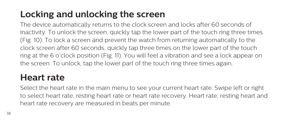 Locking and unlocking the screen, Heart rate | Philips DL8790/10 User Manual | Page 38 / 92