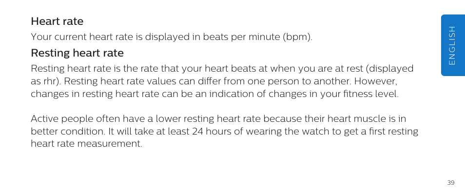 Heart rate, Resting heart rate | Philips DL8790/10 User Manual | Page 39 / 92