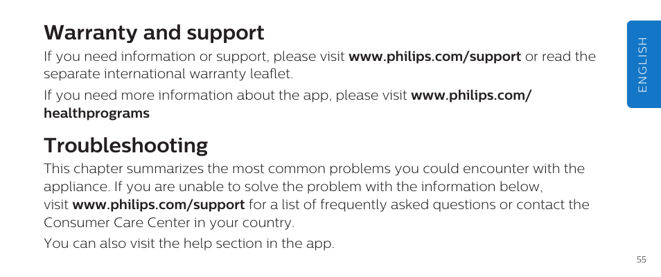 Warranty and support, Troubleshooting | Philips DL8790/10 User Manual | Page 55 / 92