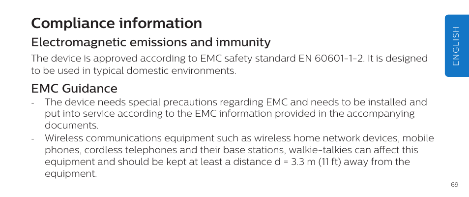 Compliance information, Electromagnetic emissions and immunity, Emc guidance | Philips DL8790/10 User Manual | Page 69 / 92