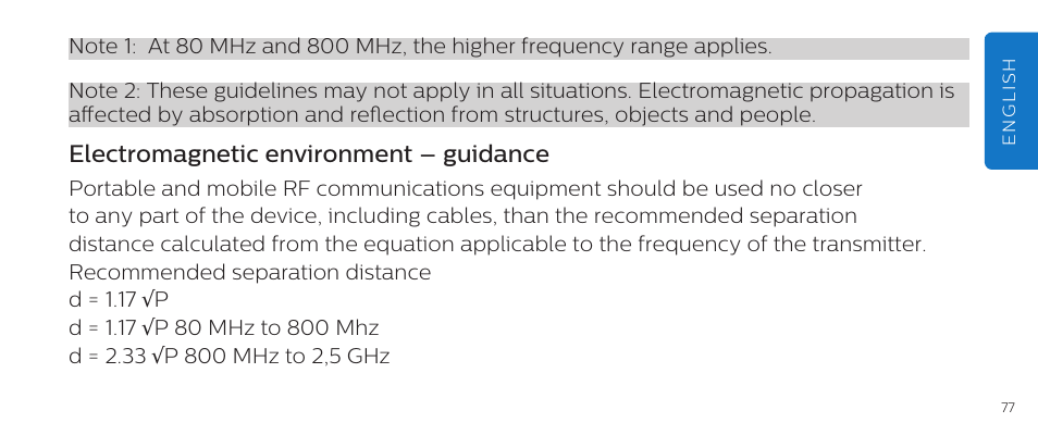 Electromagnetic environment – guidance | Philips DL8790/10 User Manual | Page 77 / 92