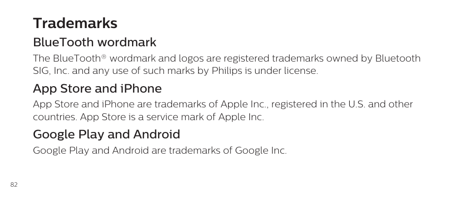 Trademarks, Bluetooth wordmark, App store and iphone | Google play and android | Philips DL8790/10 User Manual | Page 82 / 92