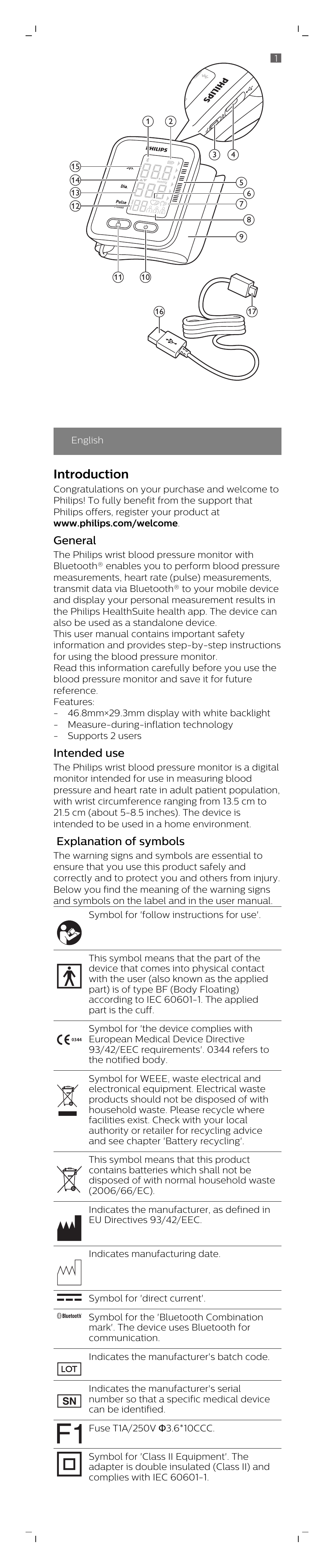 English, Introduction, General | Intended use, Explanation of symbols | Philips DL8765/15 User Manual | Page 2 / 12
