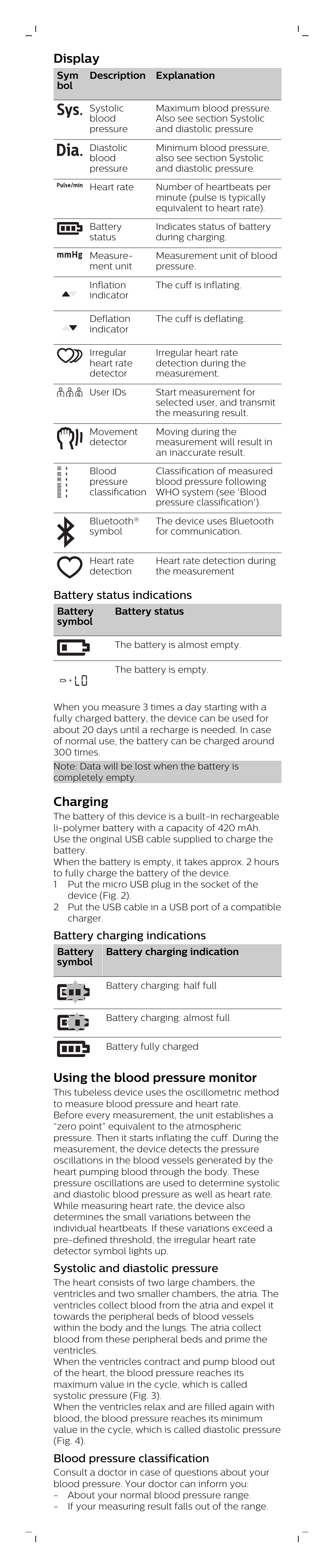 Display, Battery status indications, Charging | Battery charging indications, Using the blood pressure monitor, Systolic and diastolic pressure, Blood pressure classification | Philips DL8765/15 User Manual | Page 5 / 12