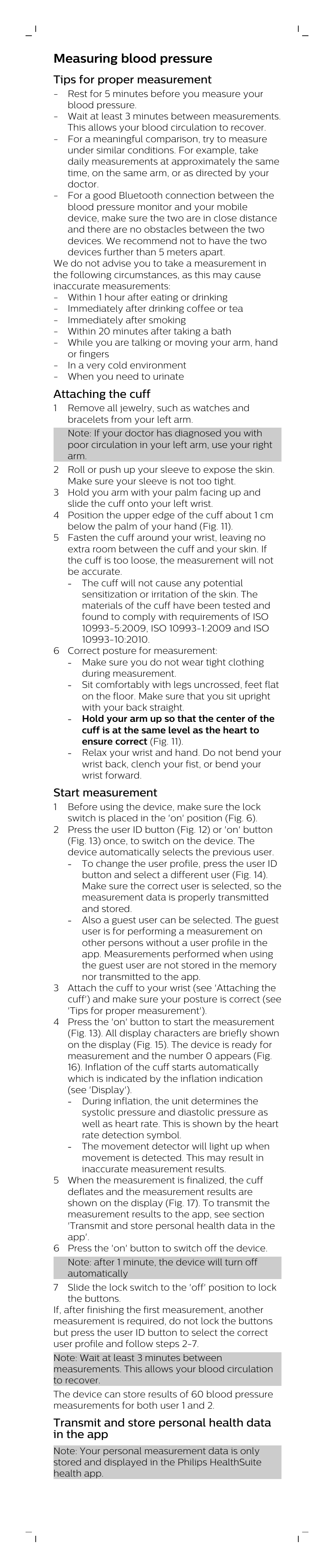 Measuring blood pressure, Tips for proper measurement, Attaching the cuff | Start measurement, Transmit and store personal health data in the app | Philips DL8765/15 User Manual | Page 7 / 12