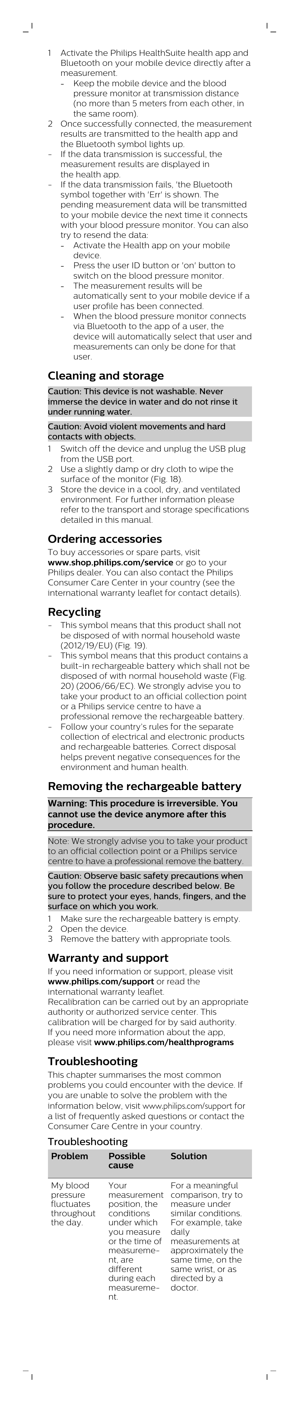 Cleaning and storage, Ordering accessories, Recycling | Removing the rechargeable battery, Warranty and support, Troubleshooting | Philips DL8765/15 User Manual | Page 8 / 12