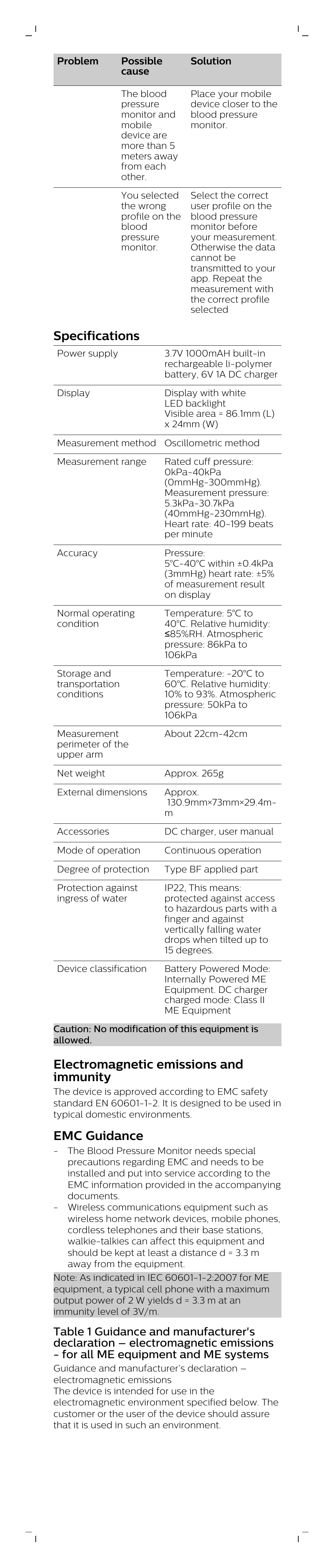 Specifications, Electromagnetic emissions and immunity, Emc guidance | Philips DL8760/15 User Manual | Page 10 / 12