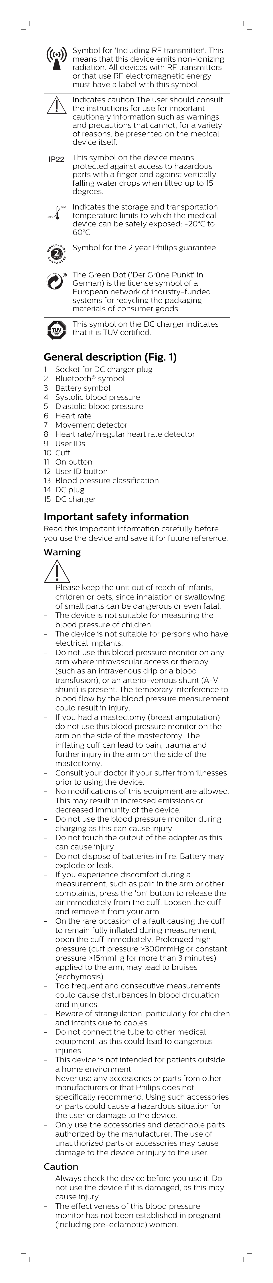 General description (fig. 1), Important safety information, Warning | Caution | Philips DL8760/15 User Manual | Page 3 / 12