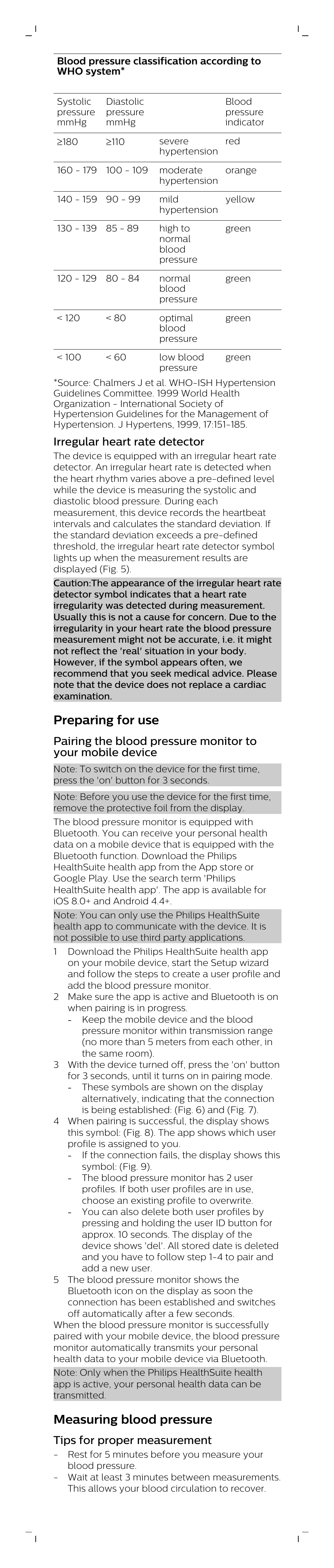 Irregular heart rate detector, Preparing for use, Measuring blood pressure | Tips for proper measurement | Philips DL8760/15 User Manual | Page 6 / 12