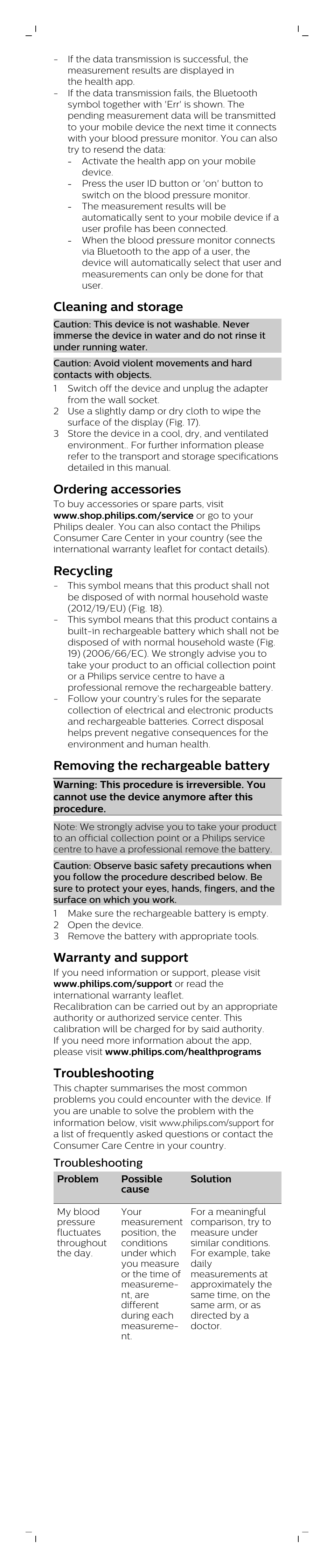 Cleaning and storage, Ordering accessories, Recycling | Removing the rechargeable battery, Warranty and support, Troubleshooting | Philips DL8760/15 User Manual | Page 8 / 12