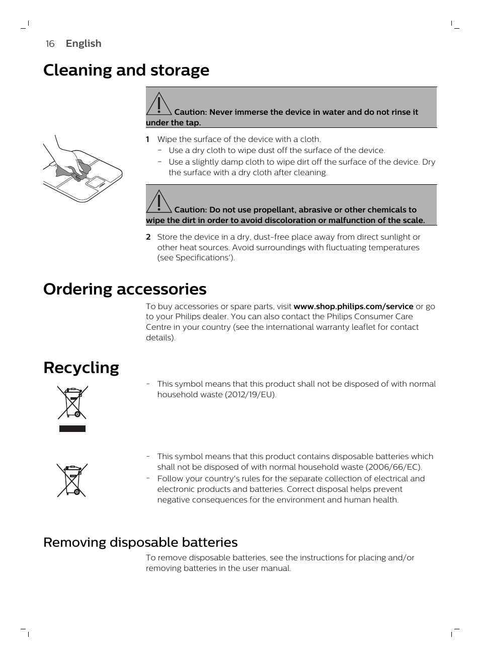 Cleaning and storage, Ordering accessories, Recycling | Removing disposable batteries | Philips DL8780/15 User Manual | Page 16 / 82