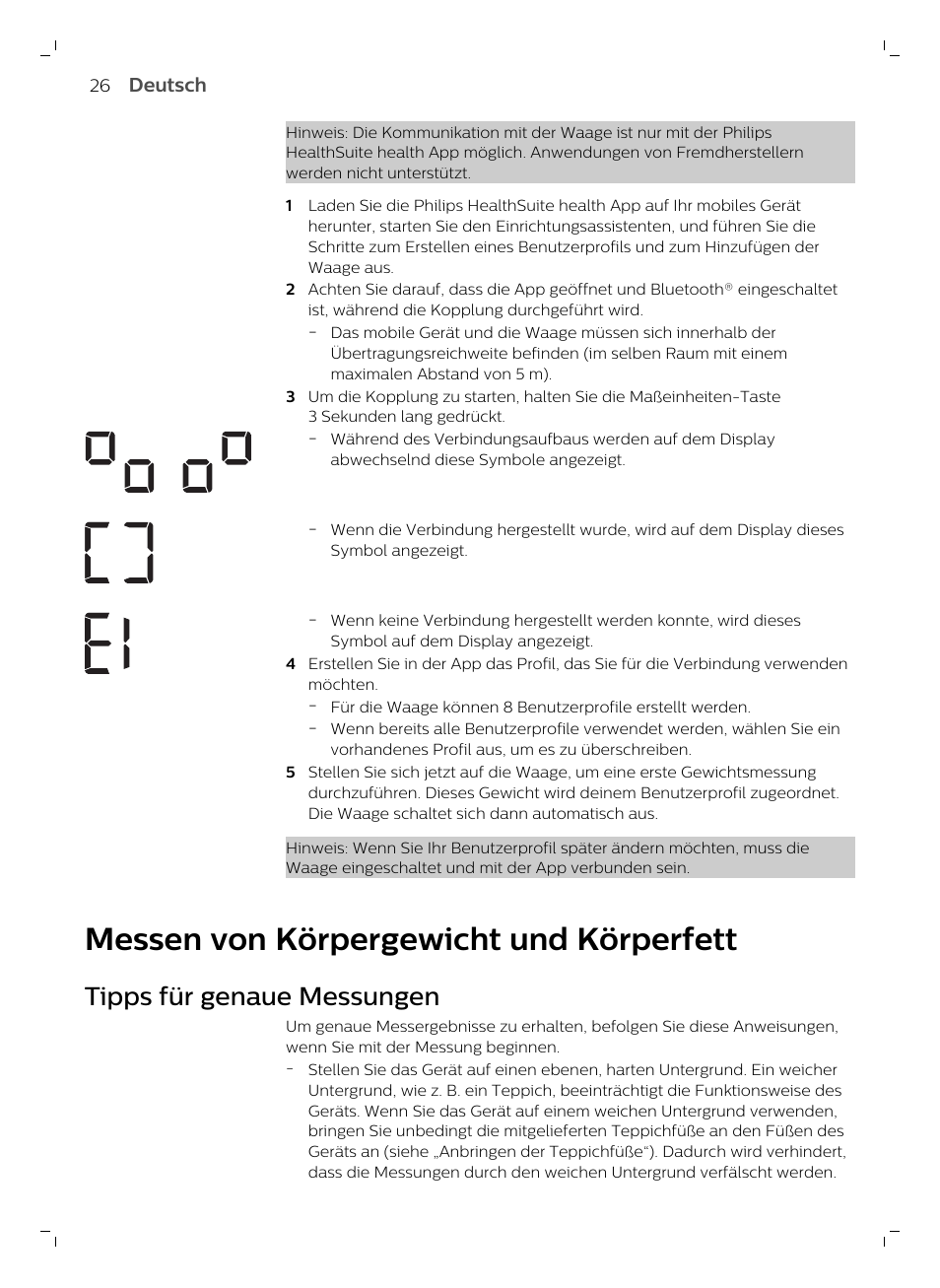 Messen von körpergewicht und körperfett, Tipps für genaue messungen | Philips DL8780/15 User Manual | Page 26 / 82