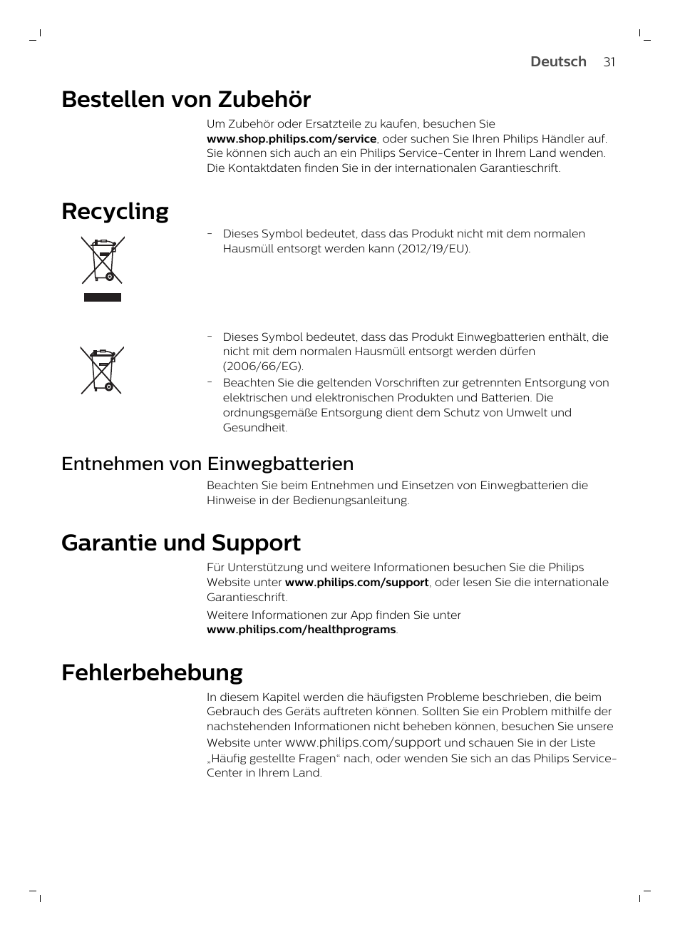 Bestellen von zubehör, Recycling, Entnehmen von einwegbatterien | Garantie und support, Fehlerbehebung | Philips DL8780/15 User Manual | Page 31 / 82