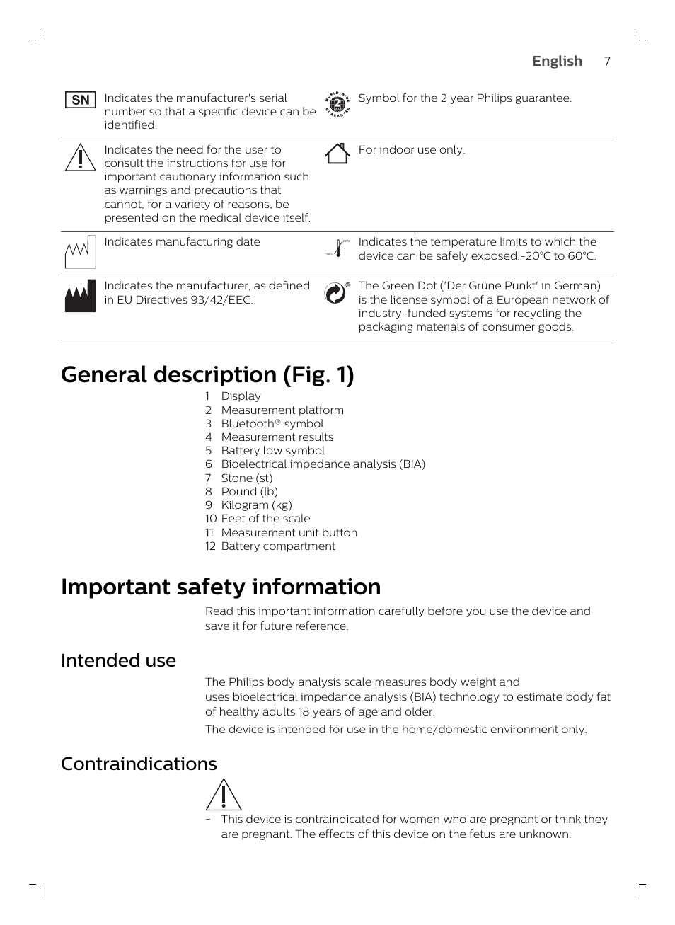 General description (fig. 1), Important safety information, Intended use | Contraindications | Philips DL8780/15 User Manual | Page 7 / 82