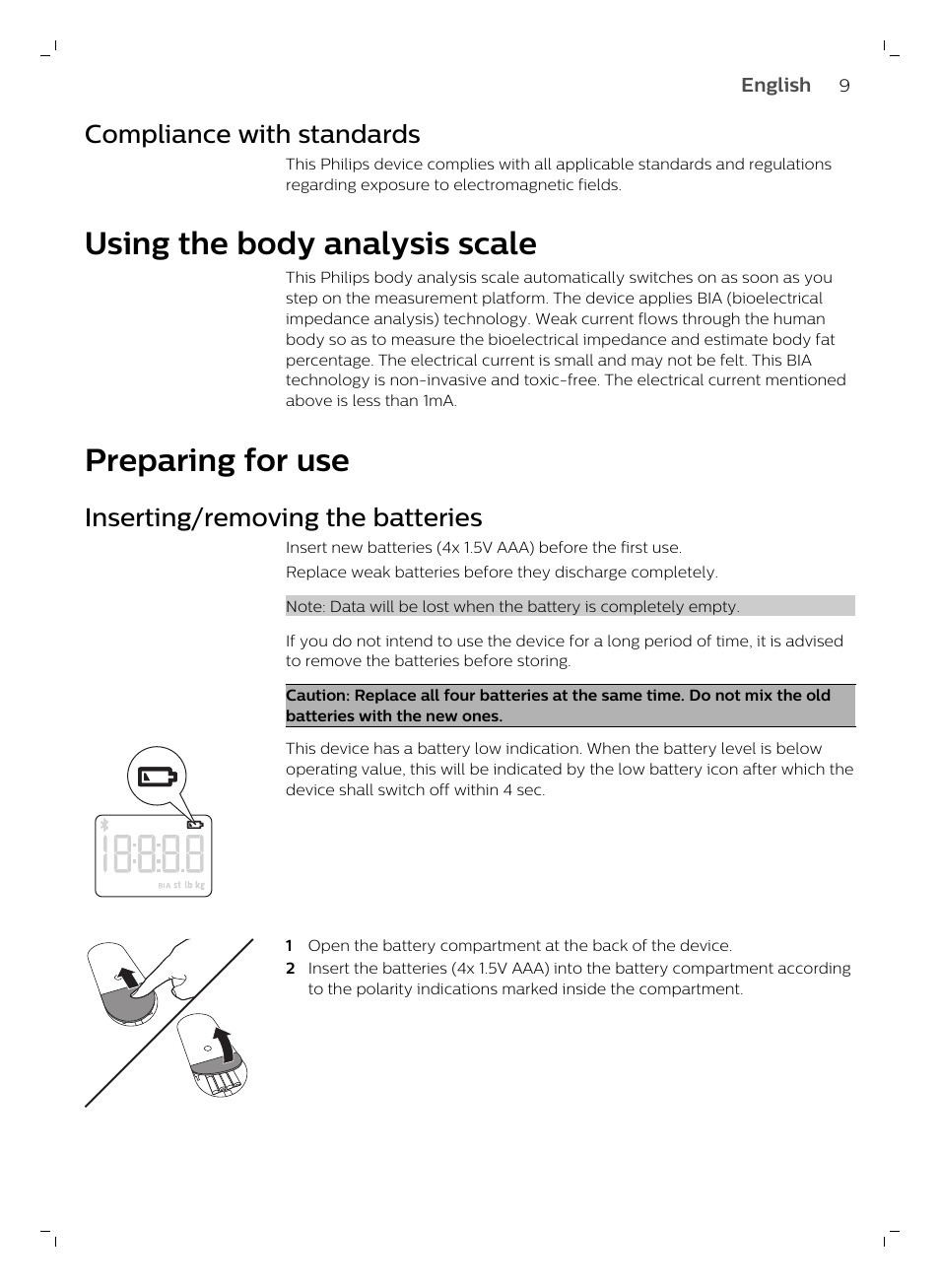 Compliance with standards, Using the body analysis scale, Preparing for use | Inserting/removing the batteries | Philips DL8780/15 User Manual | Page 9 / 82