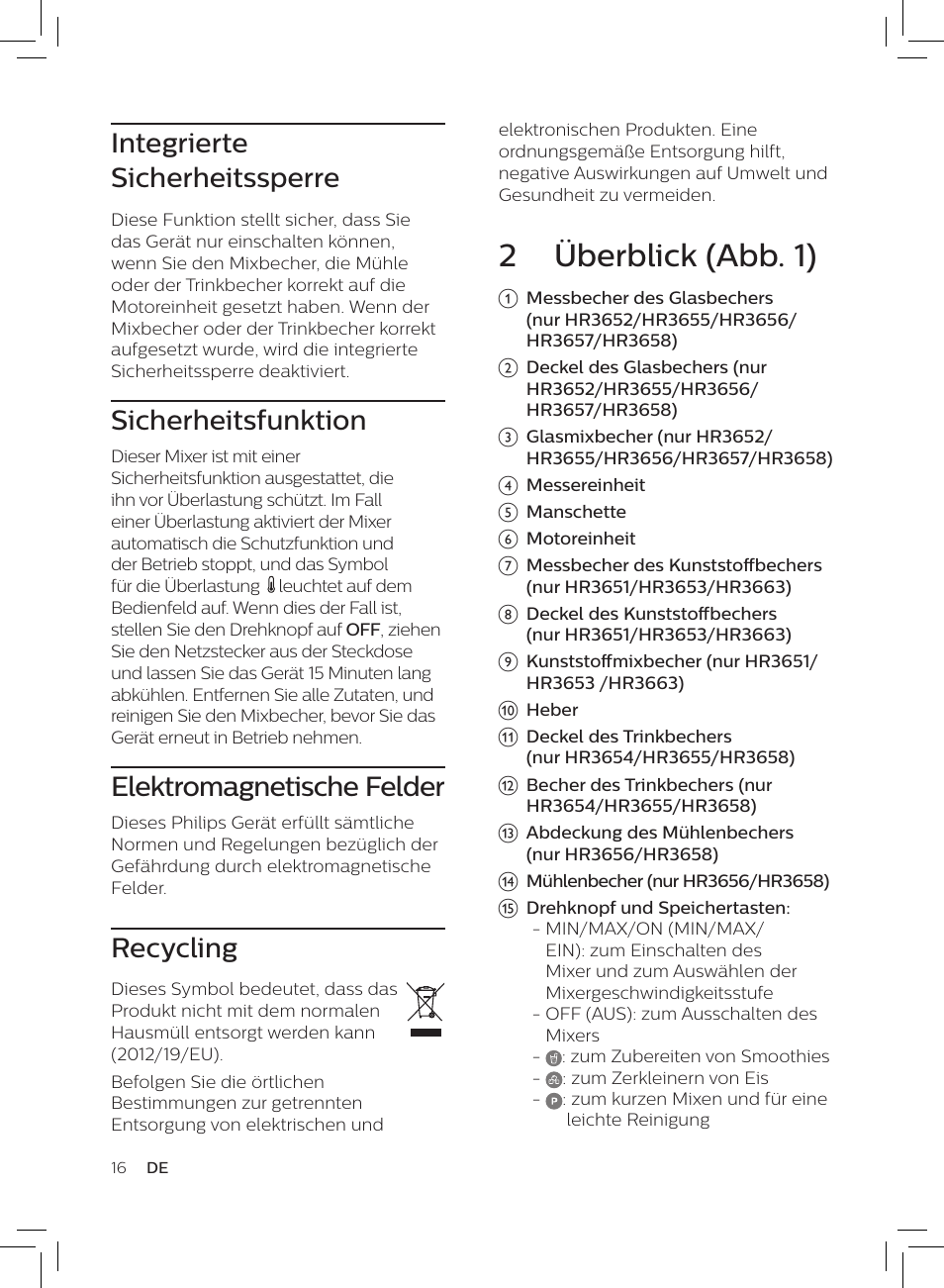 2 überblick (abb. 1), Integrierte sicherheitssperre, Sicherheitsfunktion | Elektromagnetische felder, Recycling | Philips HR3652/01 User Manual | Page 12 / 82