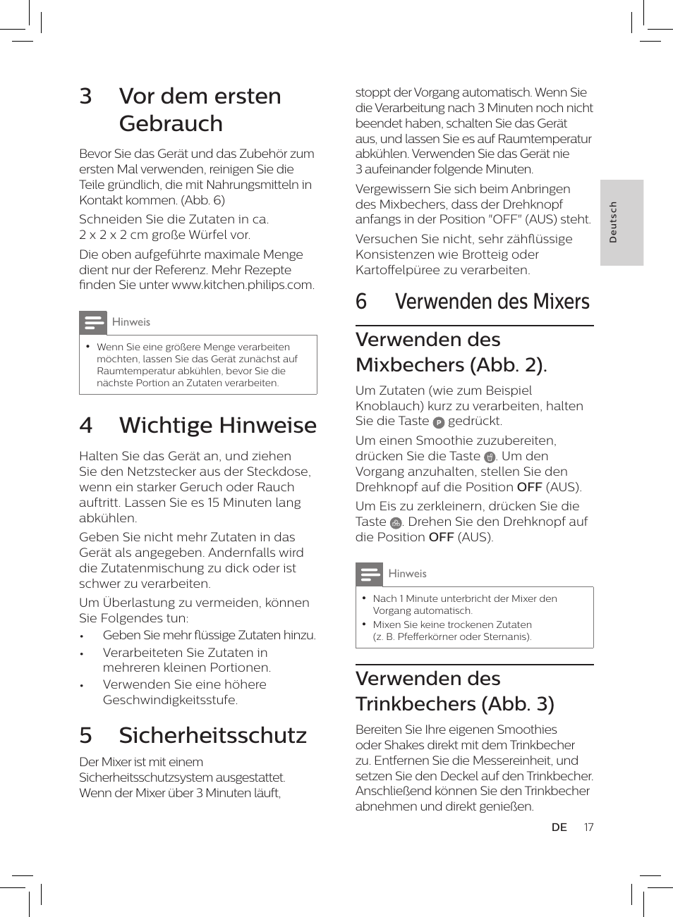 6 verwenden des mixers, 3 vor dem ersten gebrauch, 4 wichtige hinweise | 5 sicherheitsschutz, Verwenden des mixbechers (abb. 2), Verwenden des trinkbechers (abb. 3) | Philips HR3652/01 User Manual | Page 13 / 82