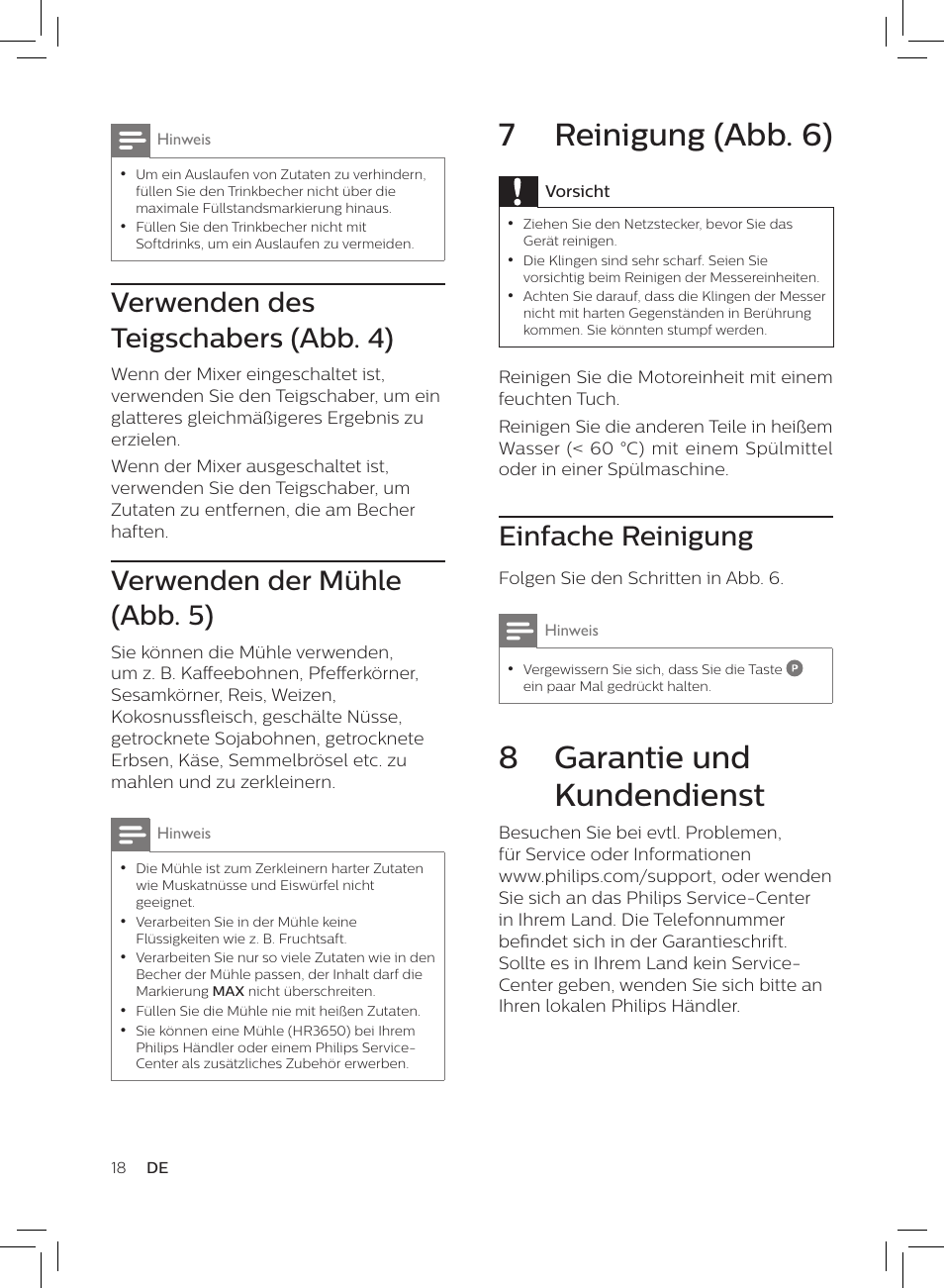 7 reinigung (abb. 6), 8 garantie und kundendienst, Einfache reinigung | Verwenden des teigschabers (abb. 4), Verwenden der mühle (abb. 5) | Philips HR3652/01 User Manual | Page 14 / 82